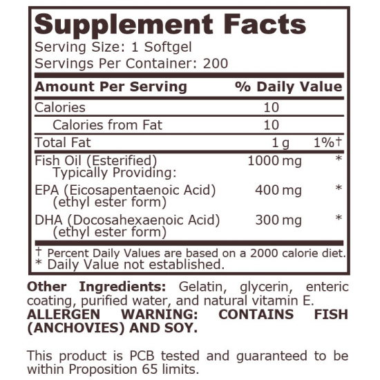 РИБЕНО МАСЛО 400ЕPА / 300DHA 200 капсули ПЮР НУТРИШЪН | FISH OIL 400EPA / 300 DHA 200 softgels PURE NUTRITION