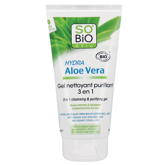 СО'БИО HYDRA ALOE VERA 3 в 1 Почистващ гел 150мл | SO'BIO HYDRA ALOE VERA 3 in 1 Purifying cleanser 150ml