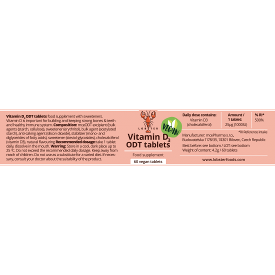 ВИТАМИН Д3 1000IU растителни таблетки x 60бр  ЛОБСТЕР | VITAMIN D3 ODT 1000IU vegan tabs x 60s  LOBSTER