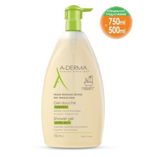 А-ДЕРМА ПРОМО ОПАКОВКА НАТУРАЛНА ГРИЖА Свръхобогатен душ гел 750мл | A-DERMA ESSENTIAL CARE Gel douch surgras 750ml