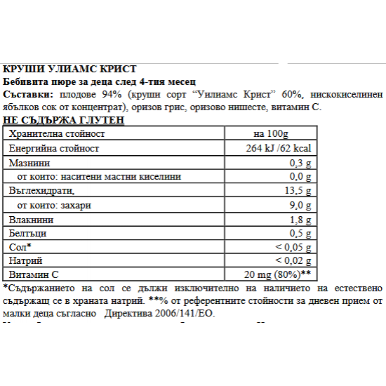 БЕБИВИТА Пюре Круши Уилямс Крист и ябълки 4+м. 3бр х 250гр. | BEBIVITA Pear Williams Christ and apples puree 4+ 3s x 250g