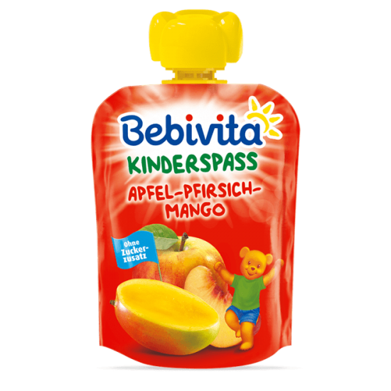 БЕБИВИТА Плодова закуска Ябълка с манго и праскова 1г.+ 3бр х 90гр. | BEBIVITA Apple with mango and peach Fruit snack pouch 1+ 3s x 90g