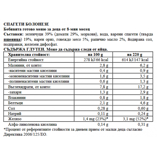 БЕБИВИТА Спагети Болонезе 8+ м. 3бр х 220гр. | BEBIVITA Spaghetti Bolognese 8+ 3s x 220g