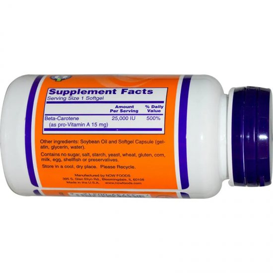 НАТУРАЛЕН БЕТА КАРОТЕН 25000 IU 90 драж. НАУ ФУУДС I BETA CAROTENE NATURAL 25000 IU drag. 90s NOW FOODS