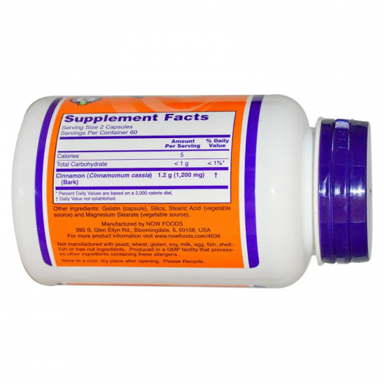 КОРА ОТ КАНЕЛА 600мг капсули 120 бр. НАУ ФУУДС | CINNAMON BARK 600mg caps 120s NOW FOODS