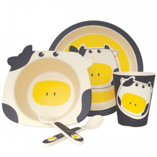 ЕКО ДЕТСКИ КОМПЛЕКТ ЗА ХРАНЕНЕ ОТ БАМБУК Крава 5 части БАЛЕВ БИО | ECO BAMBOO KIDS DINNERWARE SET Cow 5 pieces BALEV BIO