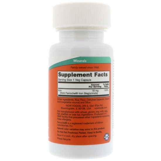 ЖЕЛЯЗО 18мг капсули 120бр НАУ ФУУДС | IRON 18mg FERROCHEL veggie caps 120s NOW FOODS