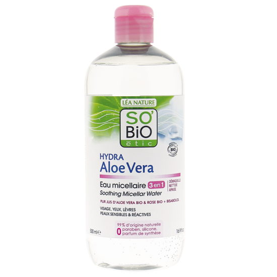 СО'БИО HYDRA ALOE VERA Мицеларна вода за чувствителна кожа 500мл | SO'BIO HYDRA ALOE VERA Soothing micellar water 500ml