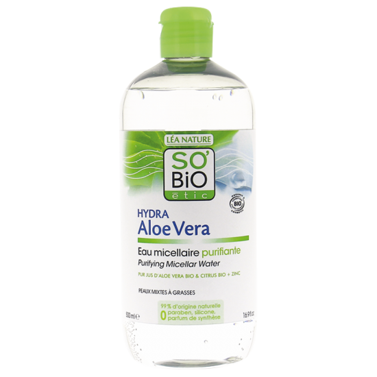 СО'БИО HYDRA ALOE VERA Мицеларна вода за мазна и комбинирана кожа 500мл | SO'BIO HYDRA ALOE VERA Purifying micellar water 500ml