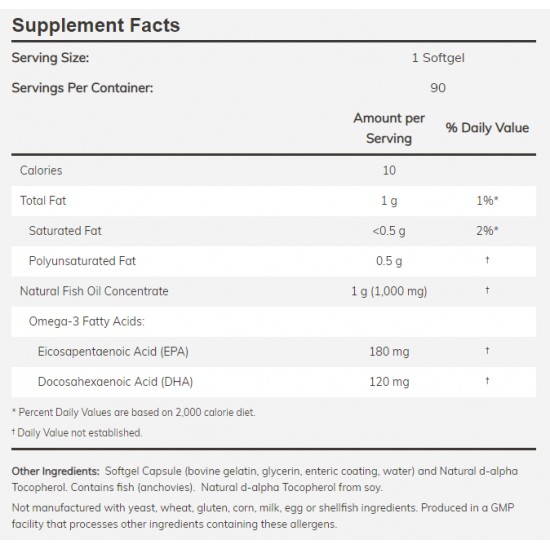 ОМЕГА 3 1000мг стомашно-устойчиви капсули 180 бр НАУ ФУУДС | OMEGA 3 1000mg Enteric coated softgels 180s NOW FOODS