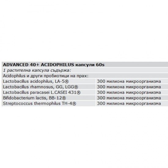 ПОДОБРЕН АЦИДОФИЛУС 40+ растителни капсули 60 бр. СОЛГАР | ADVANCED 40+ ACIDOPHILUS veg.caps 60s SOLGAR