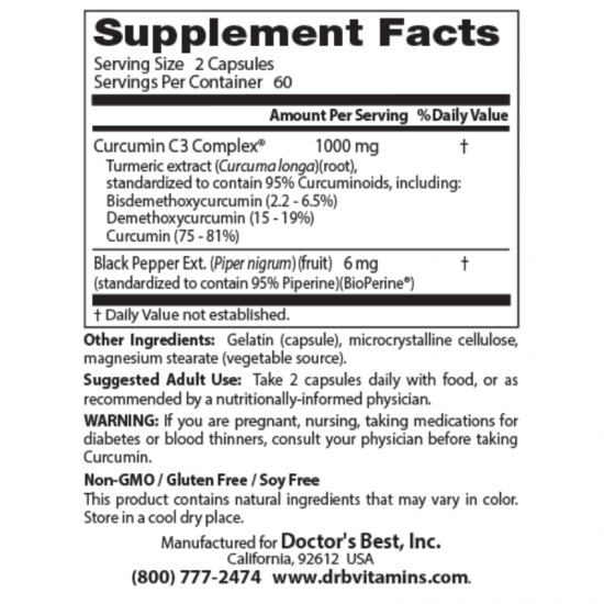КУРКУМИН С3 КОМПЛЕКС с BioPerine® 500мг х 120 капсули ДОКТОРС БЕСТ | CURCUMIN C3 COMPLEX With BioPerine® DOCTOR'S BEST