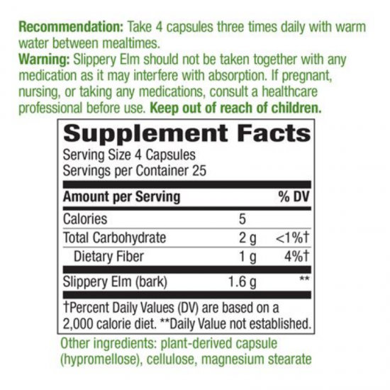 ЧЕРВЕН БРЯСТ (КОРА) 400мг капсули 100 бр. НЕЙЧЪР‘С УЕЙ | SLIPPERY ELM (BARK) 400mg veg. caps 100s NATURE'S WAY