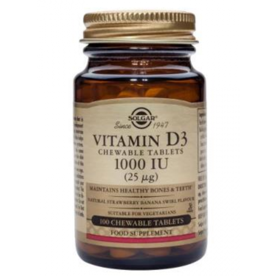 ВИТАМИН Д3 1000 IU дъвчащи таблетки 100бр. СОЛГАР | VITAMIN D3 1000 IU chewable tabs 100s SOLGAR