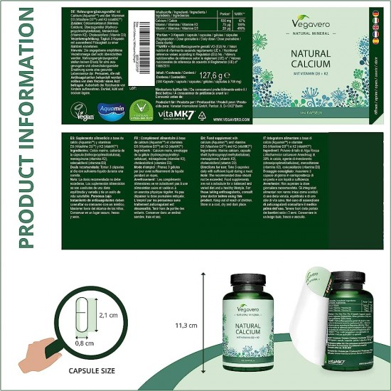 Натурален морски калций с витамин Д + К2 x 180 капсули ВЕГАВЕРО | Natural Calcium mit Vitamin D3 + K2 x 180 caps VEGAVERO