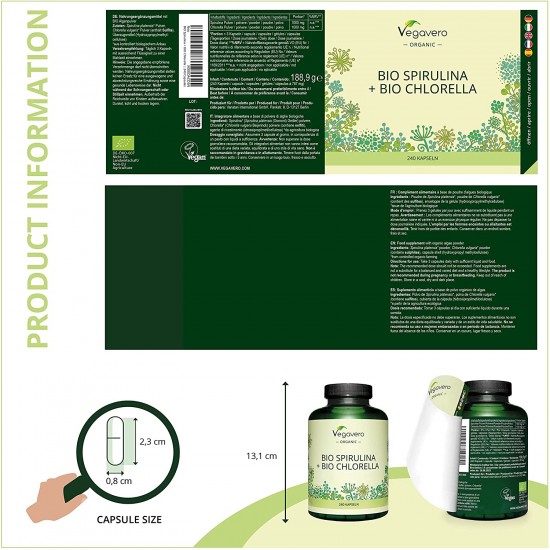 Био Спирулина + Хлорела капсули x 240 бр ВЕГАВЕРО | Bio Spirulina + Bio Chlorella caps x 240 VEGAVERO 
