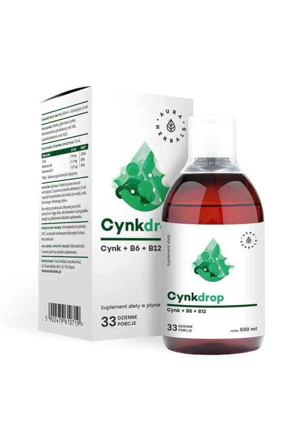 Цинк + Витамин B6 и B12 x 500 мл, капки Аура Хербалс | Cynkdrop, Cynk + B6 + B12 x 500 ml, drops Aura Herbals    
