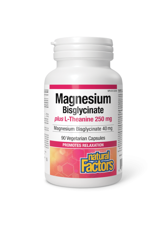 Магнезий (бисглицинат) 40 мг + Л-Теанин 250 мг x 90 капсули НАТУРАЛ ФАКТОРС | Magnesium Bisglycinate plus L-Theanine x 90 caps NATURAL FACTORS