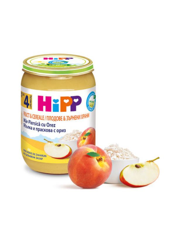 ХИП БИО Каша праскова и ябълка с пълнозърнест ориз 4+ м. 3бр х 190гр. | HIPP BIO peach and apple with wholemeal rice mash 4+ m 3s x 190g