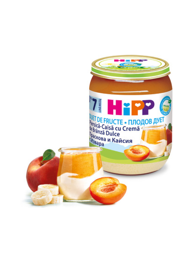 ХИП БИО Пюре Праскови и кайсии с извара 7+ м. 3бр х 160гр. | HIPP BIO Peaches with appricots and curd cream puree 7+ m 3s x 160g