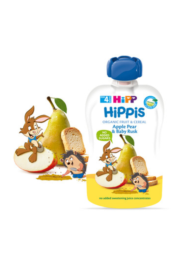 ХИП ХИПИС БИО ПЛОДОВА ЗАКУСКА ябълка, круша и бебешки сухари 4+ м 3бр х 100гр. | HIPP HIPPIS BIO apple pear and baby rusk fine puree 4+ m 3s x100g