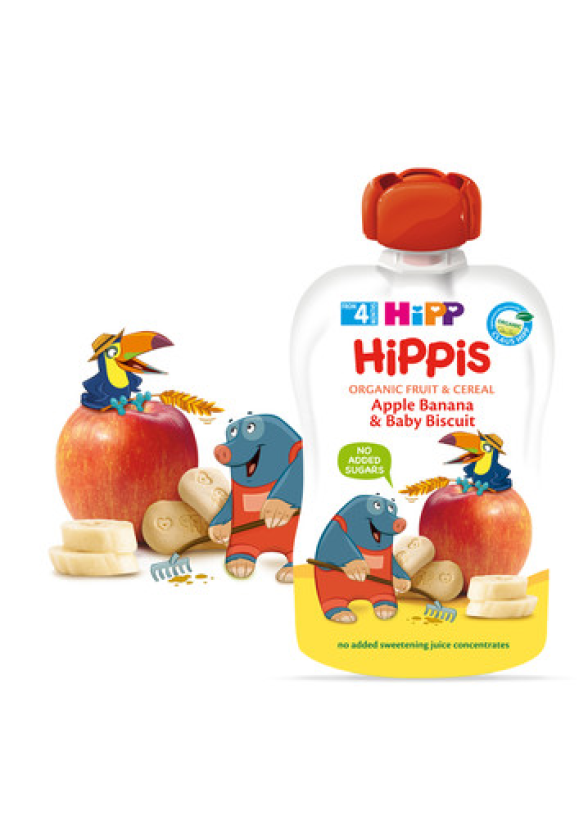 ХИП ХИПИС БИО ПЛОДОВА ЗАКУСКА с ябълка, банан и бебешки бисквити 4+ м. 3бр х 100гр. | HIPP HIPPIS BIO apple banana and baby biscuit fine puree 4+ m 3s x 100g