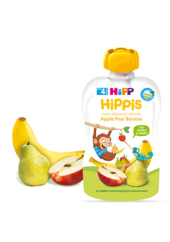 ХИП ХИПИС ПЛОДОВА ЗАКУСКА ябълка, круша и банан 4+ м. 3бр х 100гр. | HIPP HIPPIS BIO apple, pear and banana fine puree 4+ m  3s x 100g
