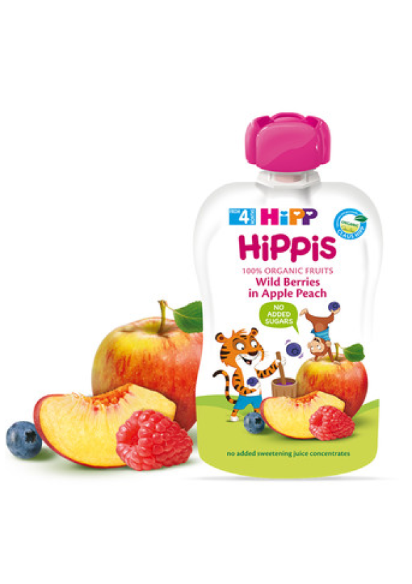 ХИП ХИПИС ПЛОДОВА ЗАКУСКА ябълка и праскова с горски плодове 4+м 3бр х 100гр. | HIPP HIPPIS BIO apple and peach with wild berries fine puree 4+m 3s x 100g