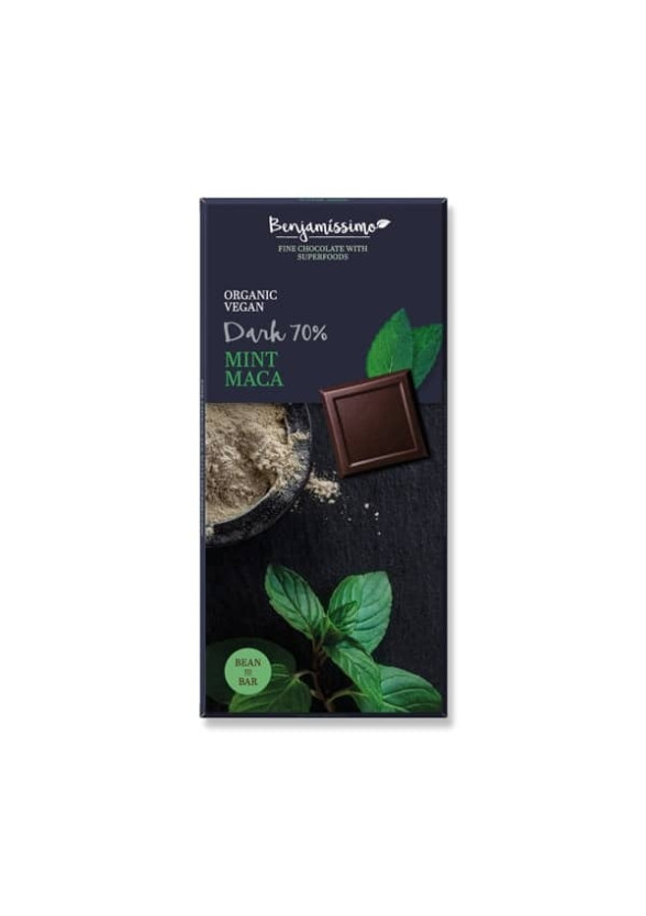 БИО Натурален шоколад с Мента и Мака, 70% какао 70гр БЕНДЖАМИСИМО | Dark chocolate with Mint and Maca, 70% cocoa 70g BENJAMISSIMO