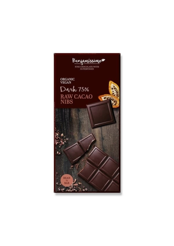 БИО Натурален шоколад със сурови Какаови зърна, 75% какао 70гр БЕНДЖАМИСИМО | Dark chocolate with raw cacao nibs, 75% cocoa 70g BENJAMISSIMO