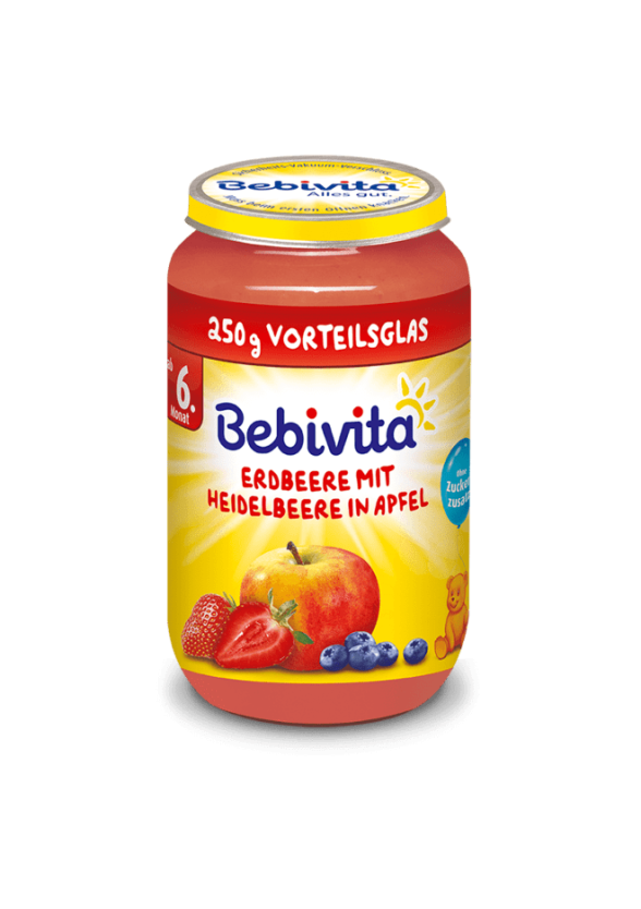 БЕБИВИТА Пюре Ябълка, ягода и боровинки 6+ м. 250гр. | BEBIVITA Apple, strawberry and blueberry puree 6+ 250g