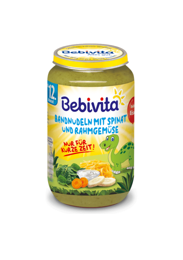 БЕБИВИТА Макарони със спанак, зеленчуци и сметана 12+ м. 3бр х 250гр. | BEBIVITA Pasta with spinach, vegetables and cream 12+ 3s x 250g