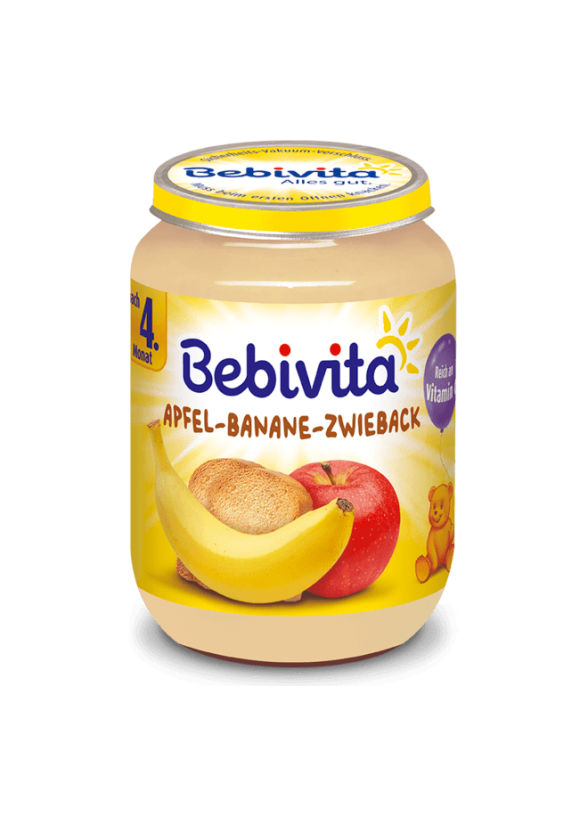БЕБИВИТА Каша Ябълка и банан със сухар 4+ м. 3бр х 250гр. | BEBIVITA Apple, banana, rusk Friut mash 4+ 3s x 250g