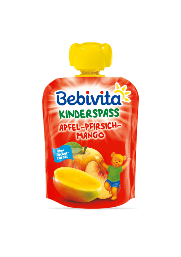 БЕБИВИТА Плодова закуска Ябълка с манго и праскова 1г.+ 3бр х 90гр. | BEBIVITA Apple with mango and peach Fruit snack pouch 1+ 3s x 90g