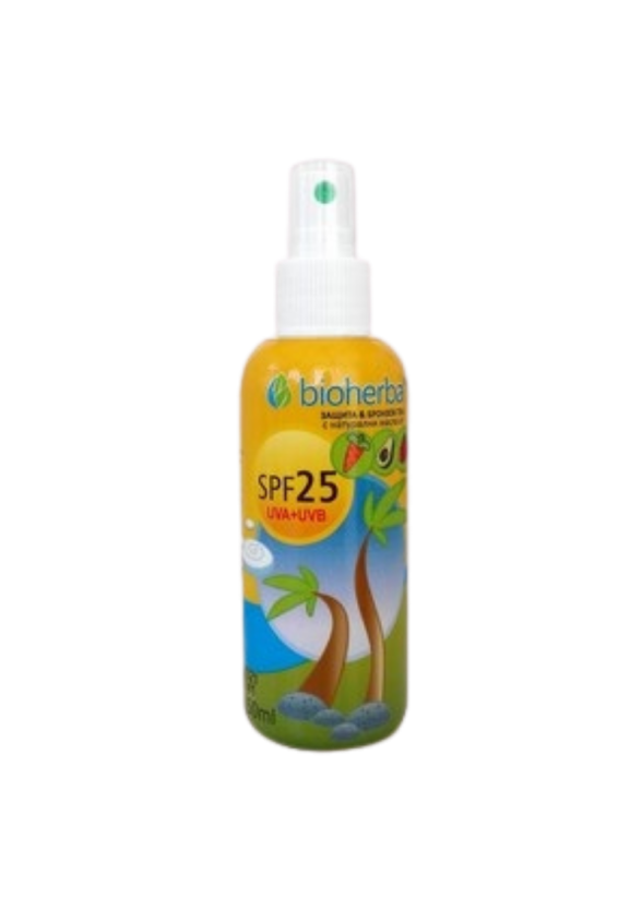 БИОХЕРБА Слънцезащитно олио спрей с масла от малина, морков и кокос SPF25 150мл | BIOHERBA Sunscreen oil spray with raspberry, carrot and coconut oils SPF25 150ml