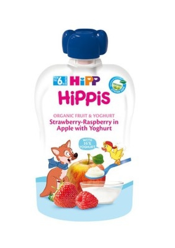 ХИП ХИПИС БИО Плодова закуска ябълка, ягода, малина и йогурт 6+ м. 100гр. | HIPP HIPPIS BIO strawberry-raspberry in apple whit yoghurt fruit breakfast 6+ m 100g