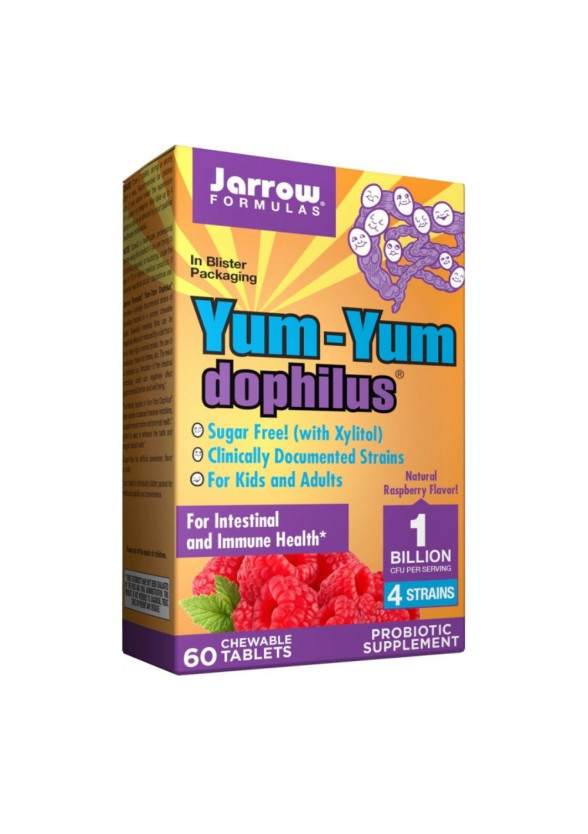 ПРОБИОТИК За деца и възрастни Yum-yum Dophilus 1млрд CFU х 60 дъвчащи таблетки (малина) ДЖАРОУ ФОРМУЛАС | Probiotic Yum-yum Dophilus for kids chewables 60s JARROW FORMULAS