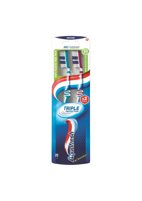 АКВАФРЕШ Четки за зъби 2 броя ДУО ПАК ТРИПЪЛ ПРОТЕКШЪН (с капачета) медиум | AQUAFRESH Toothbrush DUO PACK TRIPLE PROTECTION (with two lids) medium