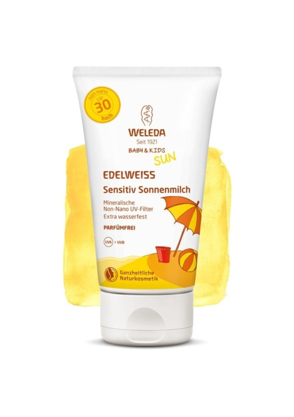 ВЕЛЕДА Слънцезащитен лосион с Еделвайс за чувствителна кожа, подходящ за бебета и деца SPF30 150мл | WELEDA Edelweiss sunscreen lotion, Sensitive, SPF30 150ml