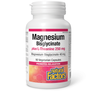 Магнезий (бисглицинат) 40 мг + Л-Теанин 250 мг x 90 капсули НАТУРАЛ ФАКТОРС | Magnesium Bisglycinate plus L-Theanine x 90 caps NATURAL FACTORS