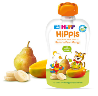 ХИП ХИПИС ПЛОДОВА ЗАКУСКА банан, круша и манго 4+ м. 3 х 100гр. | HIPP HIPPIS BIO banana, pear and mango fine puree 4+m  3s x 100g
