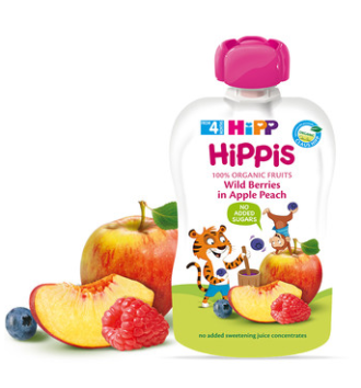 ХИП ХИПИС ПЛОДОВА ЗАКУСКА ябълка и праскова с горски плодове 4+м 3бр х 100гр. | HIPP HIPPIS BIO apple and peach with wild berries fine puree 4+m 3s x 100g