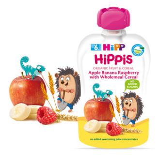 ХИП ХИПИС БИО Фино пюре ябълка, банан, малина с пълнозърнести култури 6+ м. 100гр. | HIPP HIPPIS BIO apple banana raspberry with wholemeal cereal fine puree 6+ m 100g