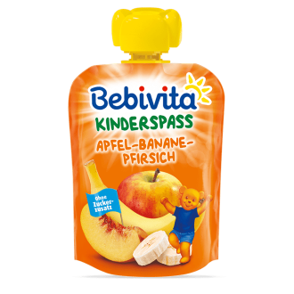 БЕБИВИТА Плодова закуска Ябълка с банан и праскова 1г.+ 3бр х 90гр. | BEBIVITA Apple with banana and peach Fruit snack pouch 1+ 3s x 90g