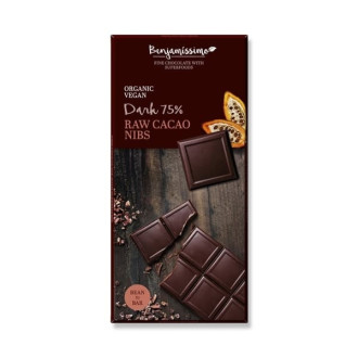 БИО Натурален шоколад със сурови Какаови зърна, 75% какао 70гр БЕНДЖАМИСИМО | Dark chocolate with raw cacao nibs, 75% cocoa 70g BENJAMISSIMO
