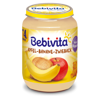 БЕБИВИТА Каша Ябълка и банан със сухар 4+ м. 3бр х 250гр. | BEBIVITA Apple, banana, rusk Friut mash 4+ 3s x 250g